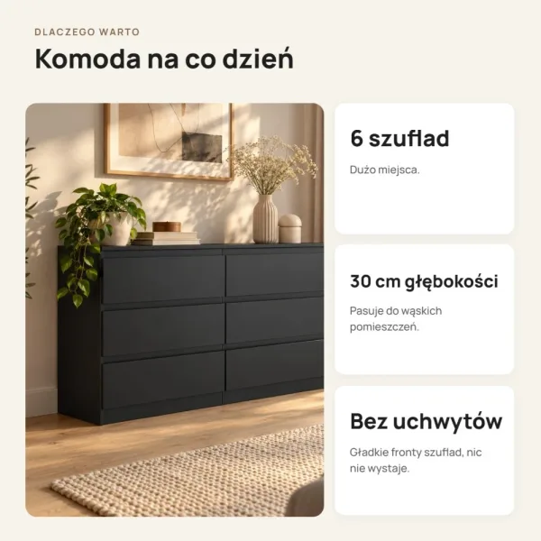 Płytka komoda 120 cm z 6 szufladami, 30 cm głębokości – Czarny