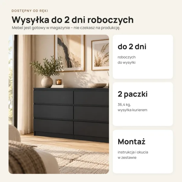 Płytka komoda 120 cm z 6 szufladami, 30 cm głębokości – Czarny
