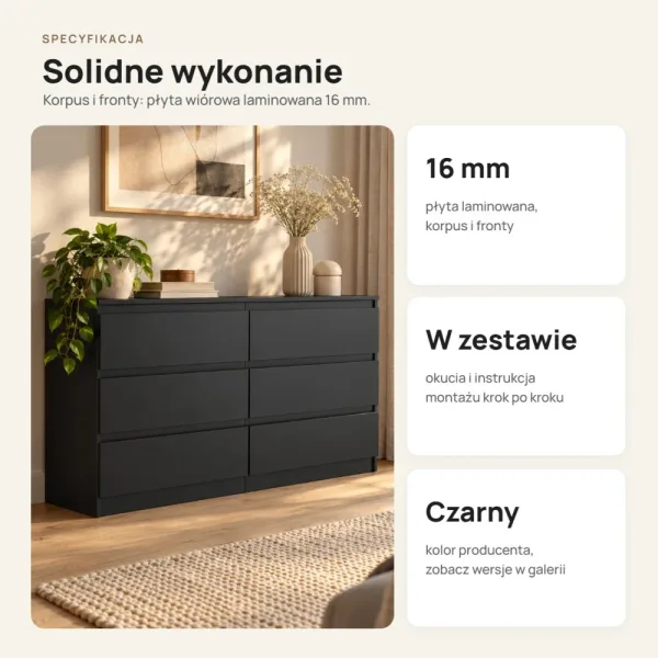 Płytka komoda 120 cm z 6 szufladami, 30 cm głębokości – Czarny