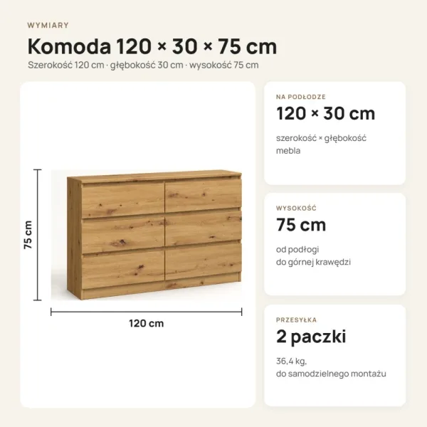 Płytka komoda 120 cm z 6 szufladami, 30 cm głębokości – Dąb Artisan