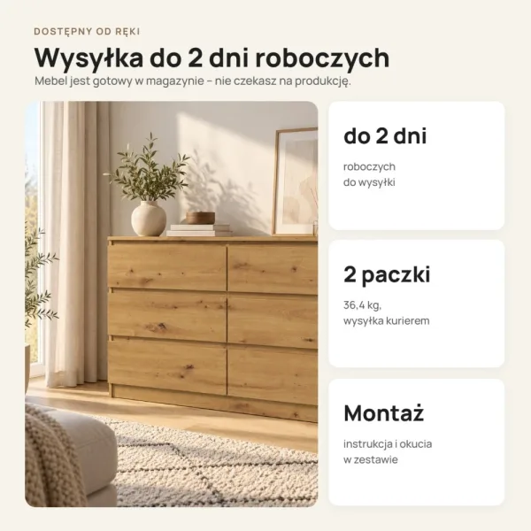 Płytka komoda 120 cm z 6 szufladami, 30 cm głębokości – Dąb Artisan