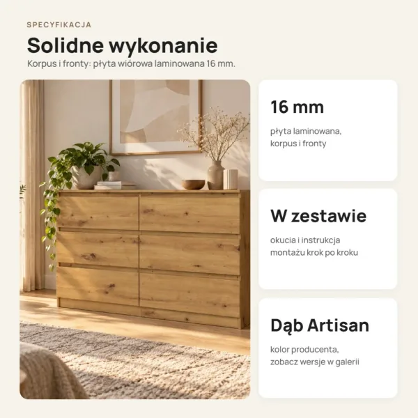Płytka komoda 120 cm z 6 szufladami, 30 cm głębokości – Dąb Artisan