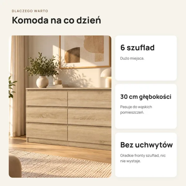 Płytka komoda 120 cm z 6 szufladami, 30 cm głębokości – Dąb Sonoma