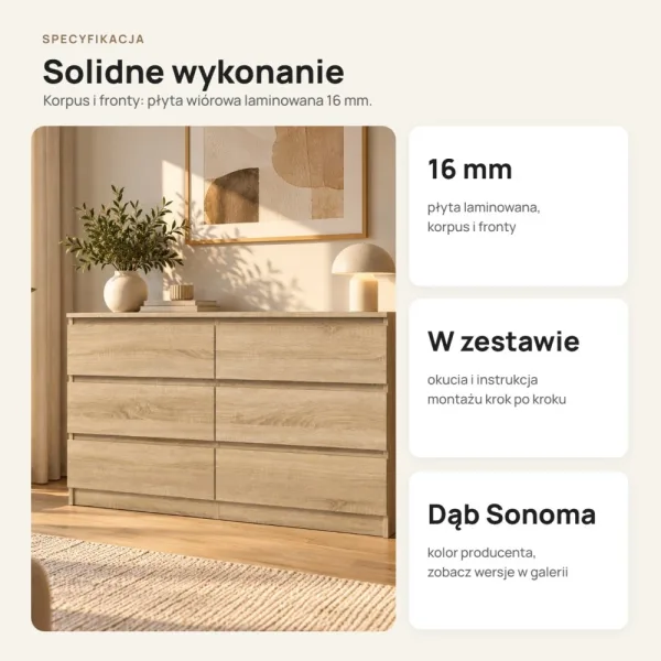 Płytka komoda 120 cm z 6 szufladami, 30 cm głębokości – Dąb Sonoma