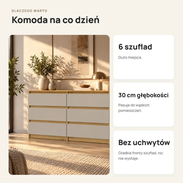Płytka komoda 120 cm z 6 szufladami, 30 cm głębokości – Dąb Artisan / Kaszmir