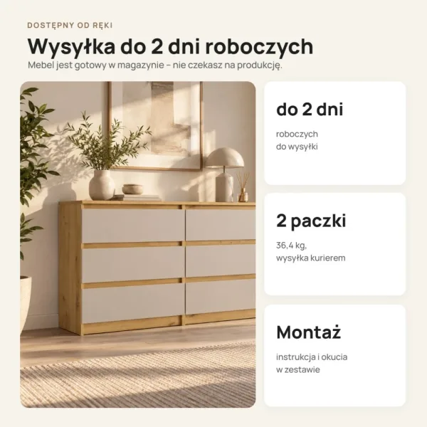 Płytka komoda 120 cm z 6 szufladami, 30 cm głębokości – Dąb Artisan / Kaszmir