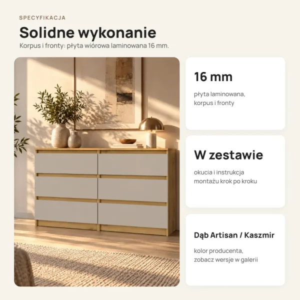 Płytka komoda 120 cm z 6 szufladami, 30 cm głębokości – Dąb Artisan / Kaszmir