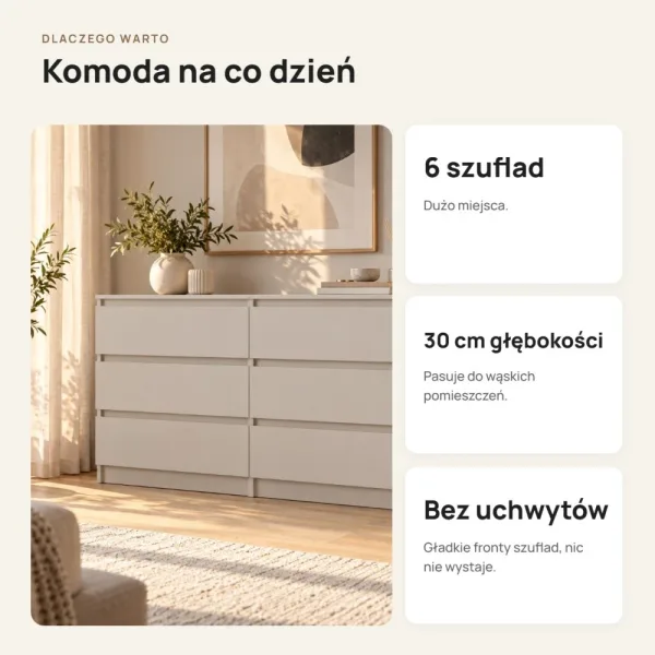 Płytka komoda 120 cm z 6 szufladami, 30 cm głębokości – Kaszmir