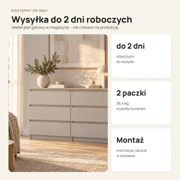 Płytka komoda 120 cm z 6 szufladami, 30 cm głębokości – Kaszmir