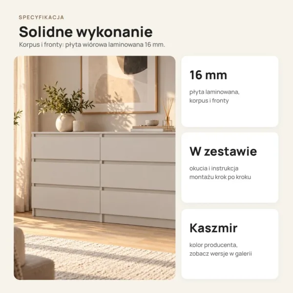 Płytka komoda 120 cm z 6 szufladami, 30 cm głębokości – Kaszmir