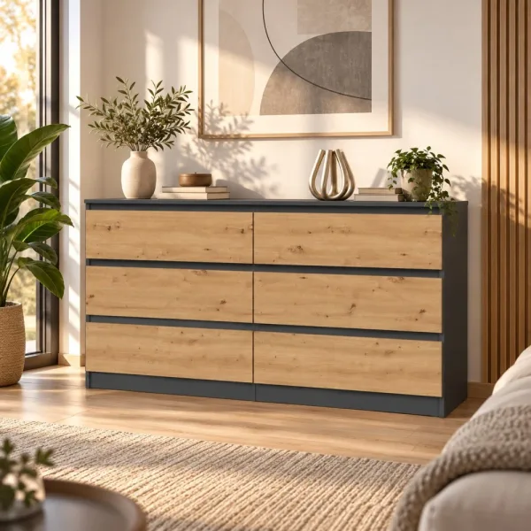 Komoda 138 cm z 6 szufladami – Antracyt / Dąb Artisan