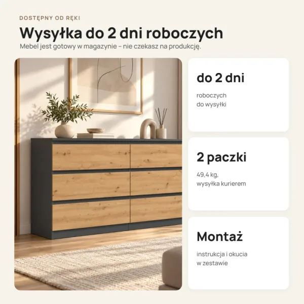 Komoda 138 cm z 6 szufladami – Antracyt / Dąb Artisan