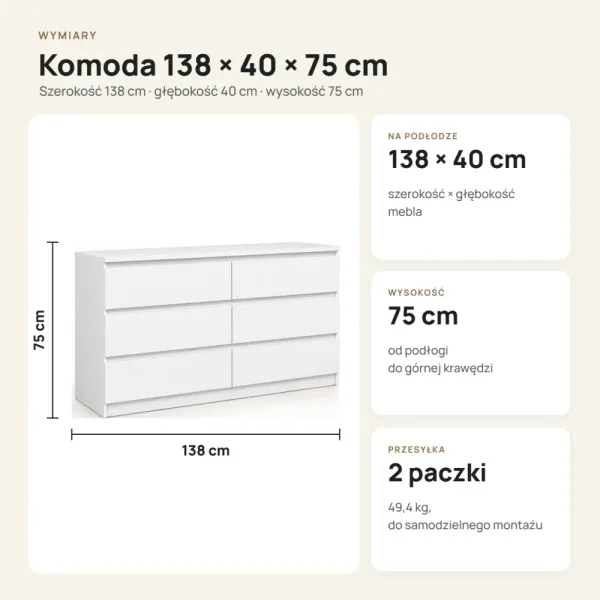 Komoda 138 cm z 6 szufladami – Biały