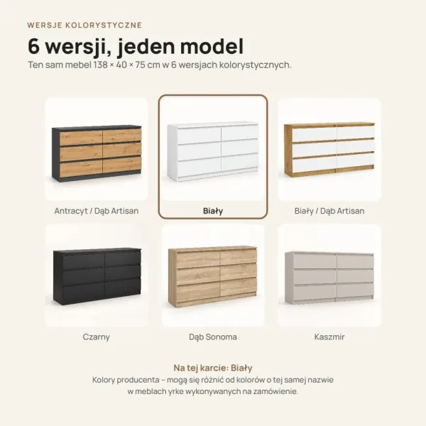 Komoda 138 cm z 6 szufladami – Biały