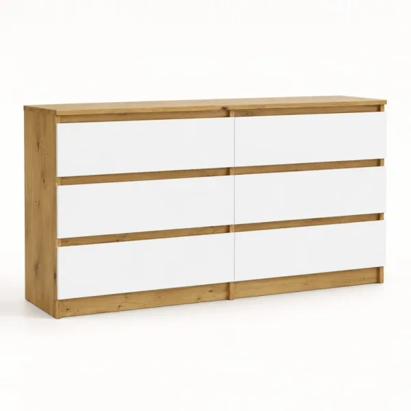 Komoda 138 cm z 6 szufladami – Biały / Dąb Artisan