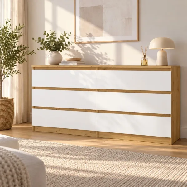 Komoda 138 cm z 6 szufladami – Biały / Dąb Artisan