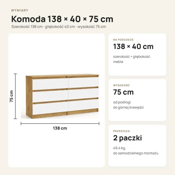 Komoda 138 cm z 6 szufladami – Biały / Dąb Artisan