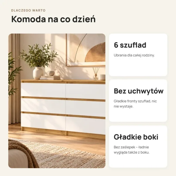 Komoda 138 cm z 6 szufladami – Biały / Dąb Artisan