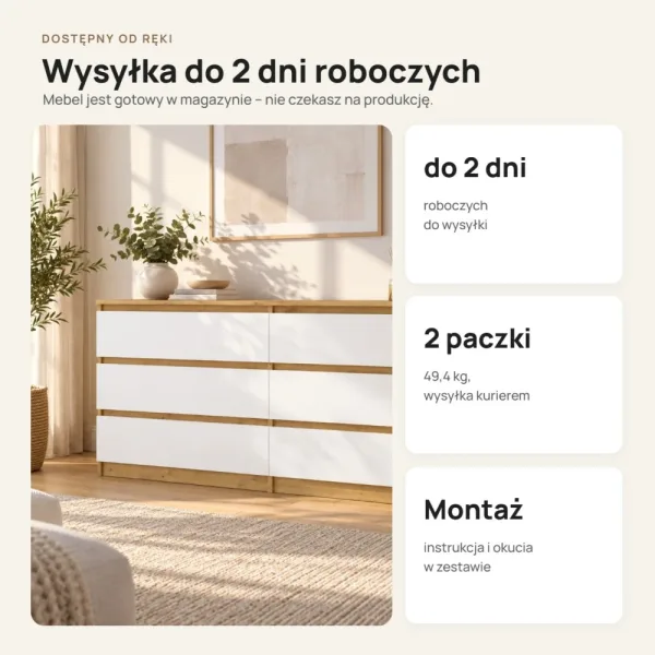 Komoda 138 cm z 6 szufladami – Biały / Dąb Artisan
