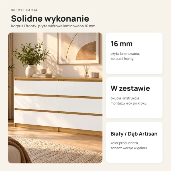 Komoda 138 cm z 6 szufladami – Biały / Dąb Artisan