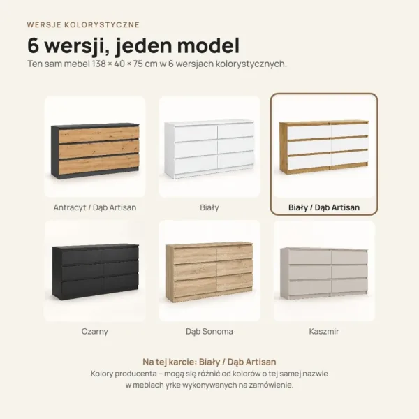 Komoda 138 cm z 6 szufladami – Biały / Dąb Artisan