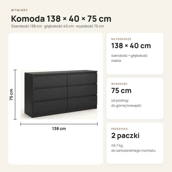 Komoda 138 cm z 6 szufladami – Czarny