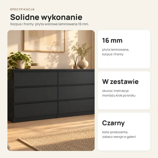Komoda 138 cm z 6 szufladami – Czarny