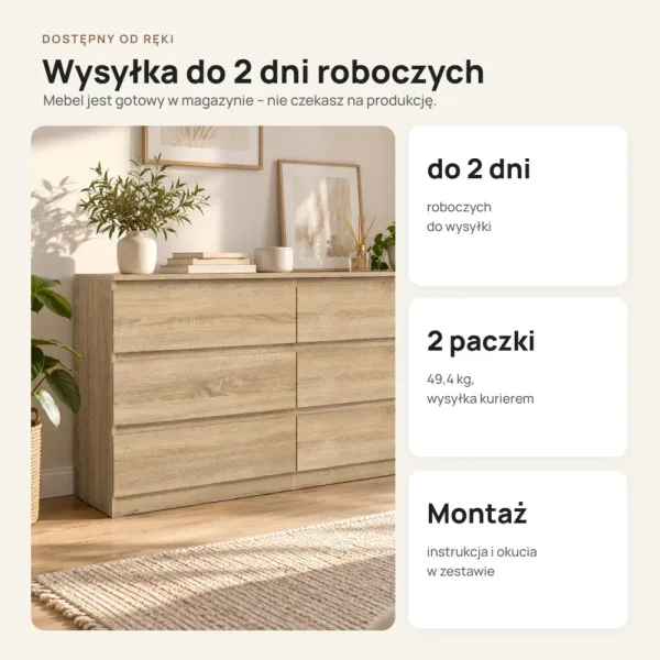 Komoda 138 cm z 6 szufladami – Dąb Sonoma