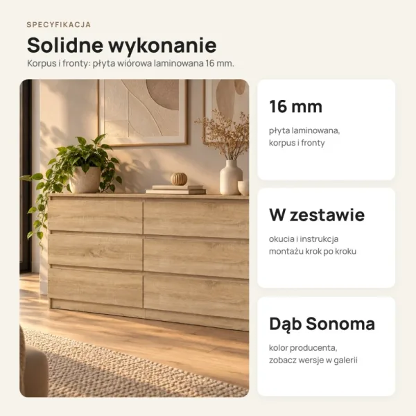 Komoda 138 cm z 6 szufladami – Dąb Sonoma