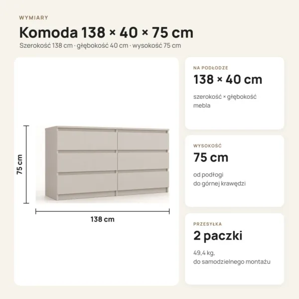 Komoda 138 cm z 6 szufladami – Kaszmir