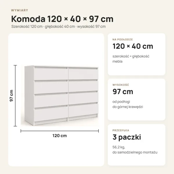 Komoda 120 cm z 8 szufladami – Biały