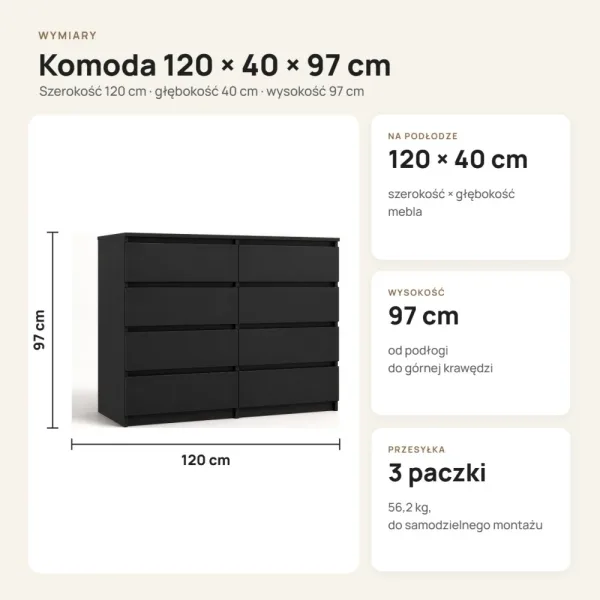 Komoda 120 cm z 8 szufladami – Czarny
