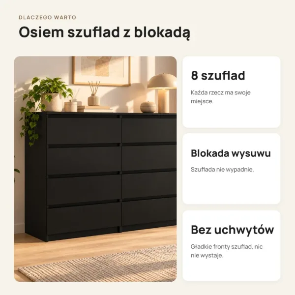 Komoda 120 cm z 8 szufladami – Czarny