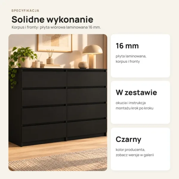 Komoda 120 cm z 8 szufladami – Czarny