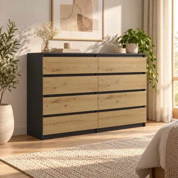 Komoda 138 cm z 8 szufladami – Antracyt / Dąb Artisan