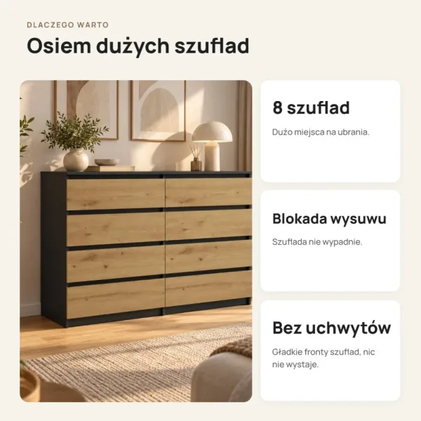 Komoda 138 cm z 8 szufladami – Antracyt / Dąb Artisan