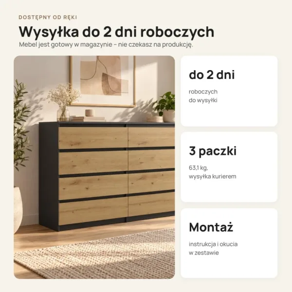 Komoda 138 cm z 8 szufladami – Antracyt / Dąb Artisan