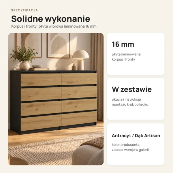 Komoda 138 cm z 8 szufladami – Antracyt / Dąb Artisan