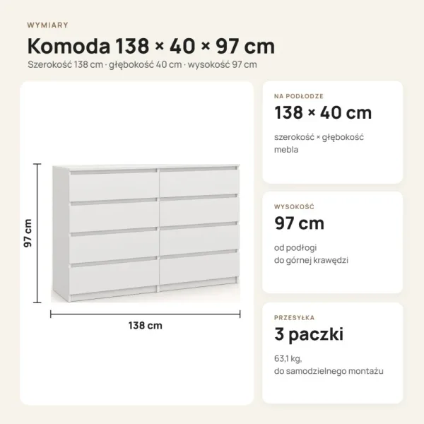 Komoda 138 cm z 8 szufladami – Biały