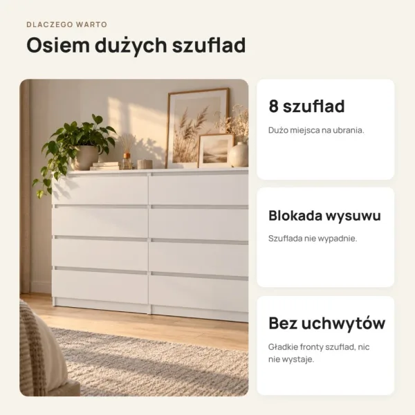 Komoda 138 cm z 8 szufladami – Biały