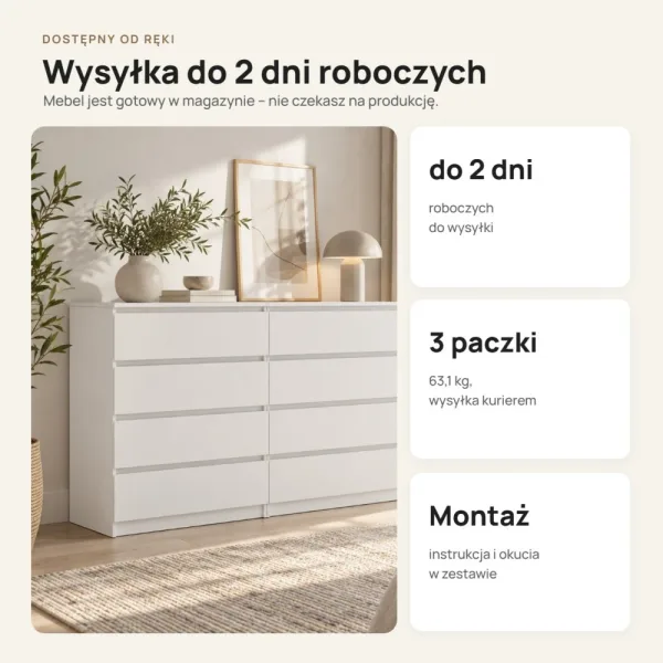 Komoda 138 cm z 8 szufladami – Biały