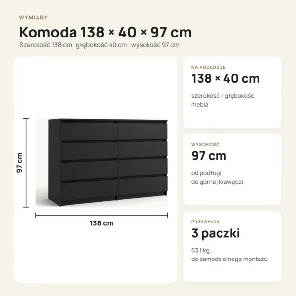 Komoda 138 cm z 8 szufladami – Czarny