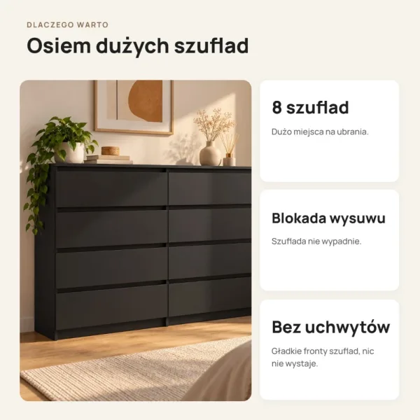 Komoda 138 cm z 8 szufladami – Czarny