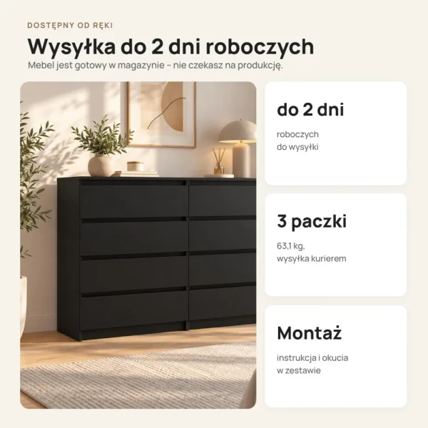 Komoda 138 cm z 8 szufladami – Czarny