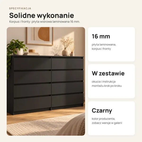 Komoda 138 cm z 8 szufladami – Czarny