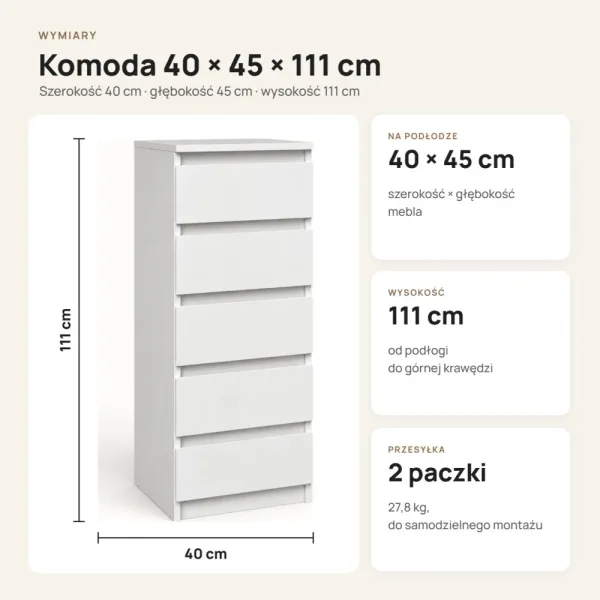 Wąska komoda 40 cm z 5 szufladami, 111 cm – Biały