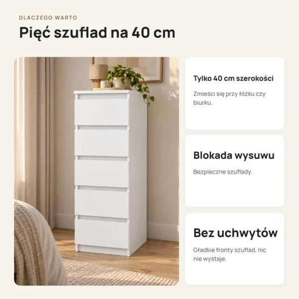Wąska komoda 40 cm z 5 szufladami, 111 cm – Biały