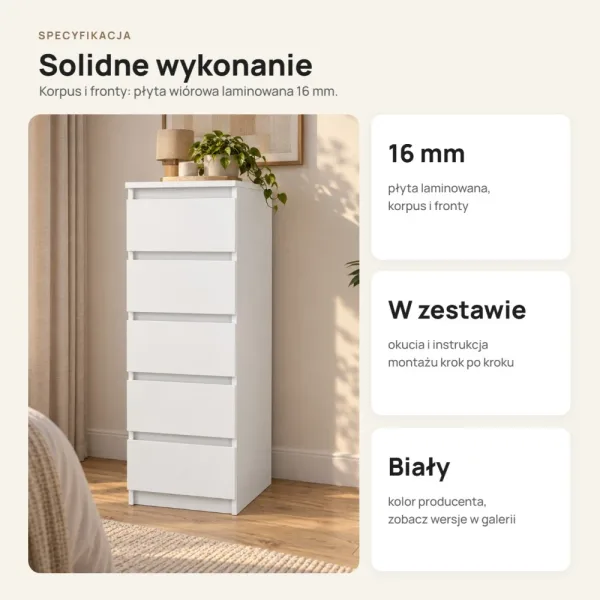 Wąska komoda 40 cm z 5 szufladami, 111 cm – Biały