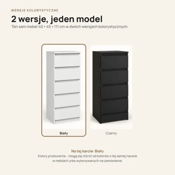 Wąska komoda 40 cm z 5 szufladami, 111 cm – Biały