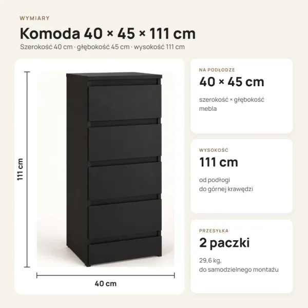 Wąska komoda 40 cm z 5 szufladami, 111 cm – Czarny